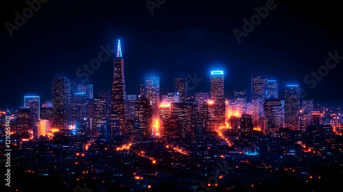 Wallpaper Mural Night cityscape, vibrant lights, urban skyline, background hills, perfect for website header Torontodigital.ca