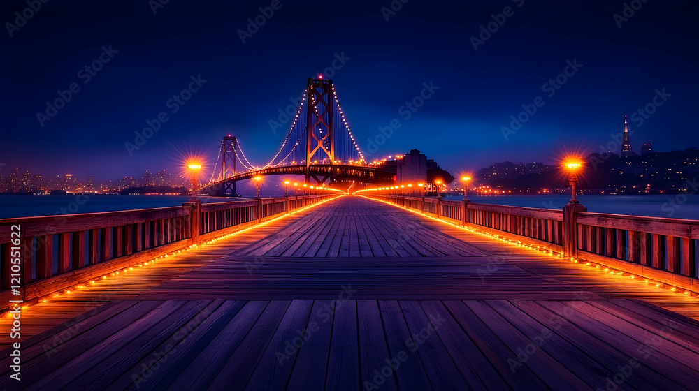 Obraz premium Night pier view illuminated bridge cityscape background travel photography