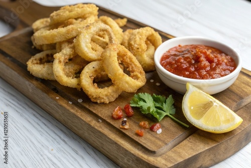 Crispy fried squid rings served on a wooden board with a side of spicy chili sauce and a wedge of fresh lemon, crispy calamari, kitchen utensils, lemon wedges photo