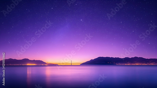 Night sky over bridge, city lights reflected in calm water, majestic mountains; travel, landscape photography