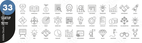 Startup, business, company development editable stroke thin line icons set. Research, seed funding, innovation, collaboration, workflow, target, product building. Outline icons, vector illustration