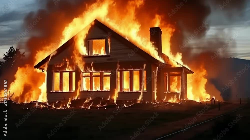 Intense fire engulfs house in rural area during late evening hours with flames rising high Intense fire engulfs house in rural area during late evening hours with flames rising high