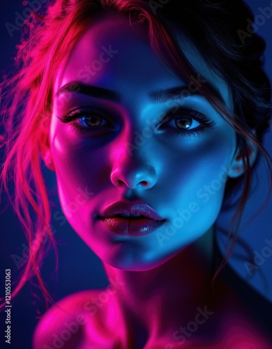 Wallpaper Mural Portrait of woman with neon lighting in dramatic red and blue tones Torontodigital.ca