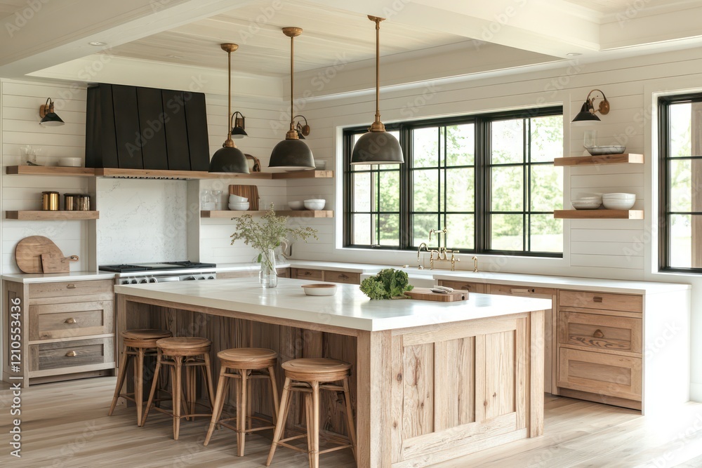 Fototapeta premium A Scandinavian-inspired kitchen with natural wood tones, minimalist lighting, and simple elegance