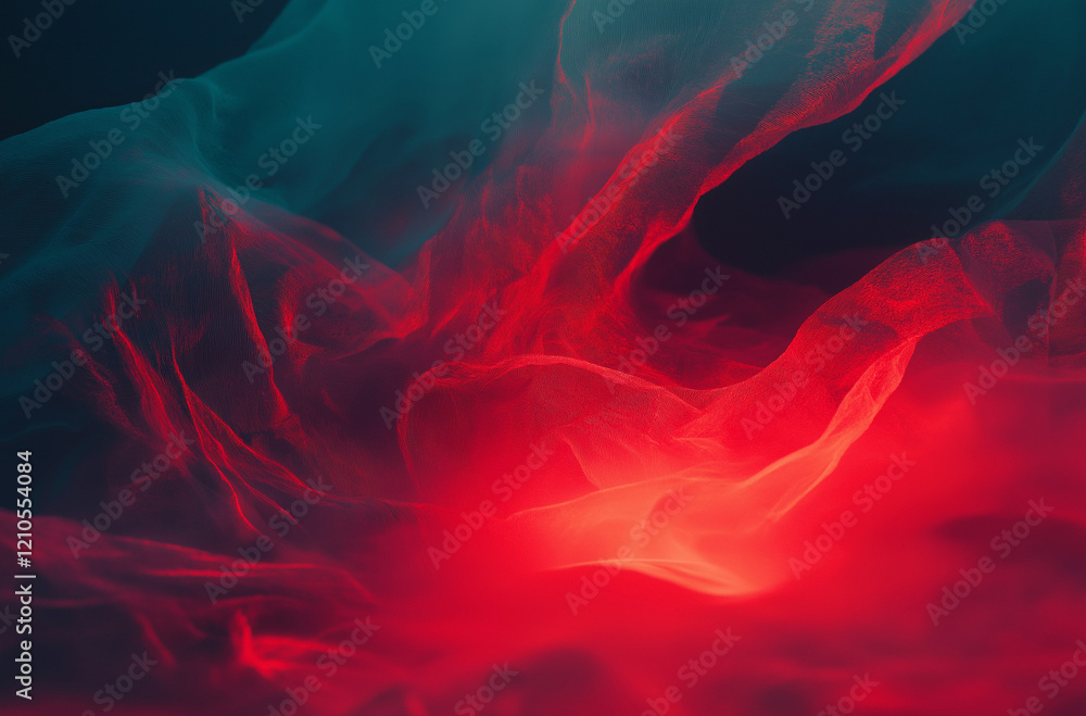 Obraz premium Red and Blue Light with Flowing Flames, Surreal Abstract Shapes on a Dark Gradient Background, Featuring Glowing Particles, Optical Flares, and Soft Lighting Effects for a Mystical Atmosphere