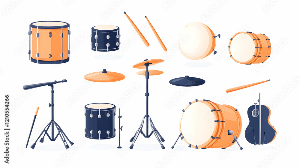 Obraz premium Percussion instruments and guitar collection; isolated on white background; music studio backdrop; for music website design