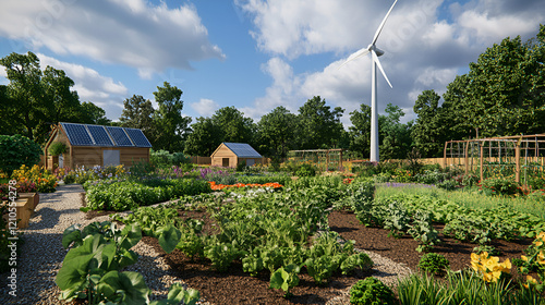 A community garden featuring a small wind turbine