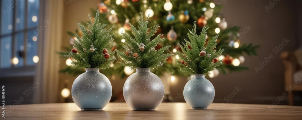 Fir Christmas tree with a frosted glass vase filled with ornaments, ornaments, fir tree Fir Christmas tree with a frosted glass vase filled with ornaments, ornaments, fir tree
