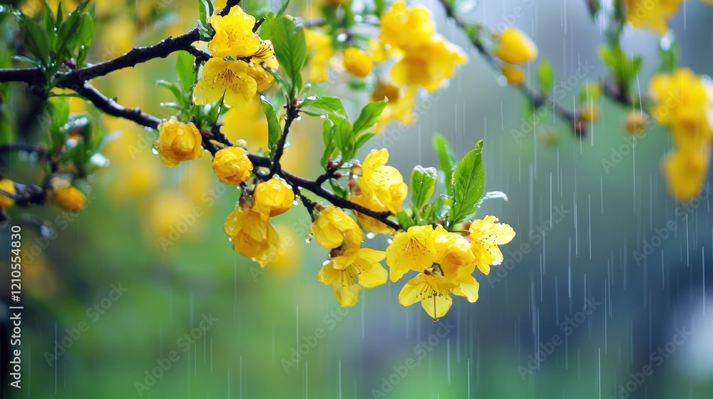 Obraz premium Raindrops on yellow blossom branch nature scene outdoor tranquil environment close-up view