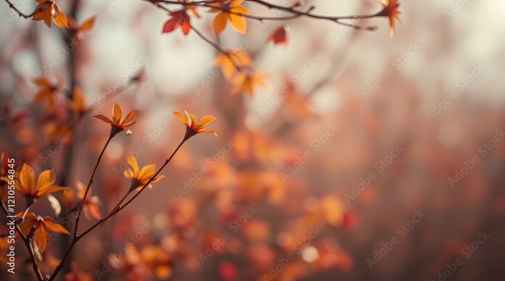 Buds bloom into vibrant orange leaves, creating a magical atmosphere. The soft glow of spring sunlight enhances the beauty of this enchanting natural backdrop Buds bloom into vibrant orange leaves, creating a magical atmosphere. The soft glow of spring sunlight enhances the beauty of this enchanting natural backdrop