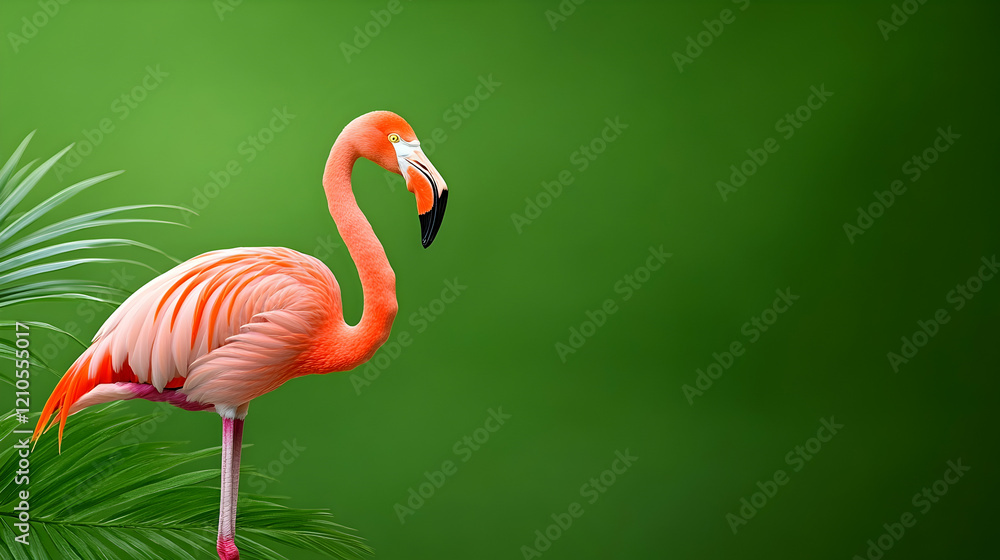 Obraz premium Pink flamingo standing amidst tropical foliage against a green background. Perfect for travel brochures or nature documentaries