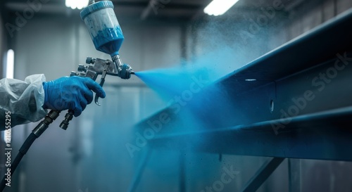Industrial worker using blue paint spray gun in factory setting