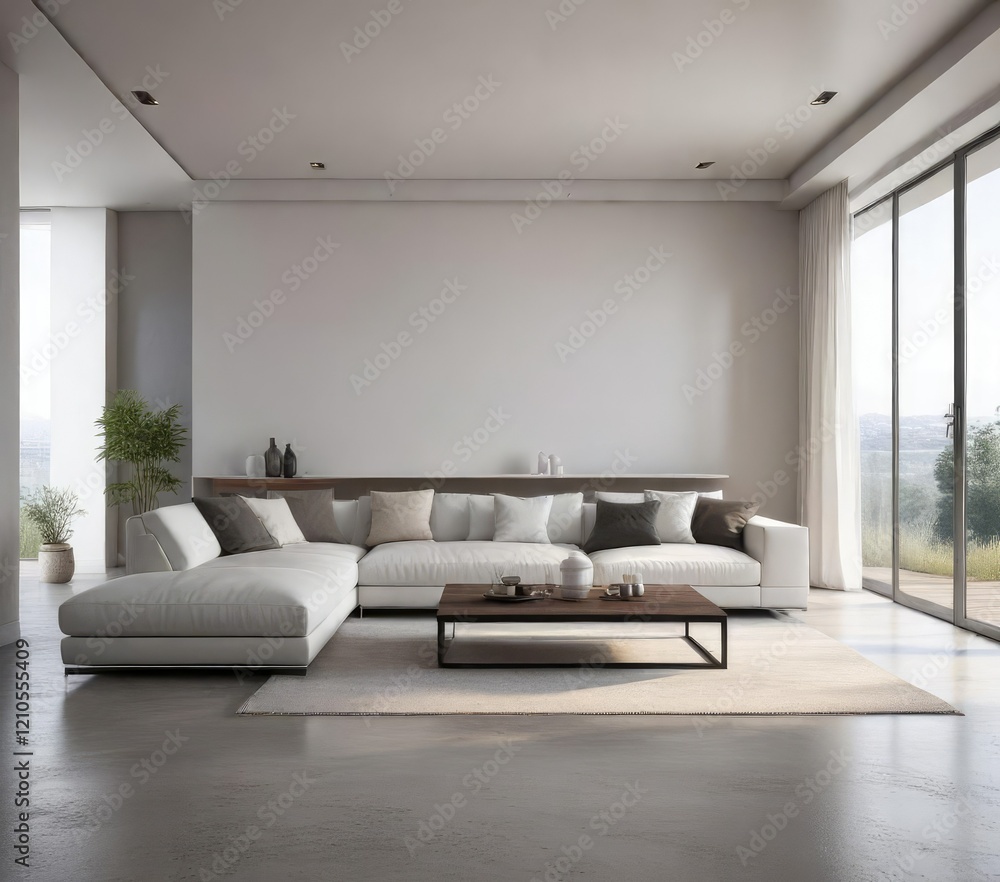 Empty and sleek living area with a focus on modern minimalism, gray walls, spare furniture, contemporary style Empty and sleek living area with a focus on modern minimalism, gray walls, spare furniture, contemporary style