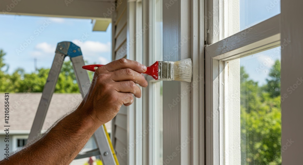 custom made wallpaper toronto digitalClose-up of male painting window frame with red paintbrush outdoors