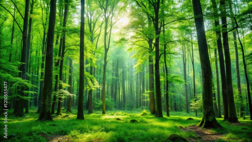 Fototapeta premium Emerald forest landscape with tall trees and lush green foliage, nature scene, earthy tones