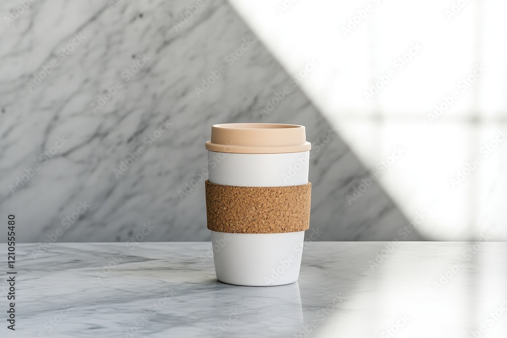 ceramic reusable coffee cup with cork sleeve placed on sunlit marble countertop ceramic reusable coffee cup with cork sleeve placed on sunlit marble countertop