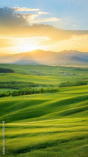 A picturesque landscape featuring rolling green hills under a vibrant sunset, with mountains in the distance and a serene atmosphere.