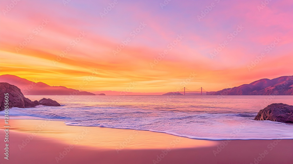 Pink sunset over ocean beach, bridge in distance, peaceful waves. Ideal for travel, tourism, and nature websites Pink sunset over ocean beach, bridge in distance, peaceful waves. Ideal for travel, tourism, and nature websites
