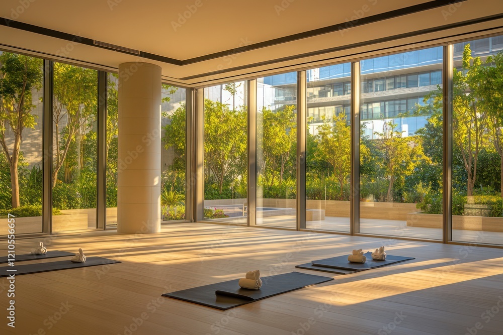Fototapeta premium A tranquil yoga studio within a luxury condominium, with floor-to-ceiling windows framing a serene outdoor view
