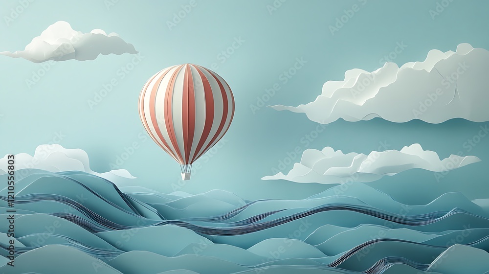 Obraz premium Paper hot air balloon floats over stylized ocean
