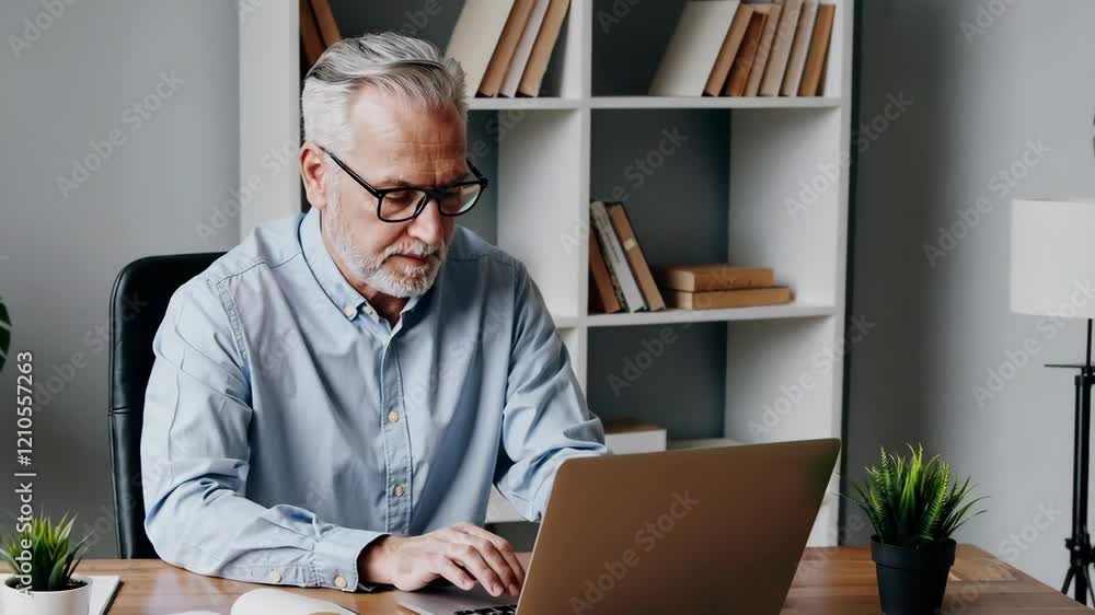Senior Man Working on Laptop in Cozy Home Office Scene