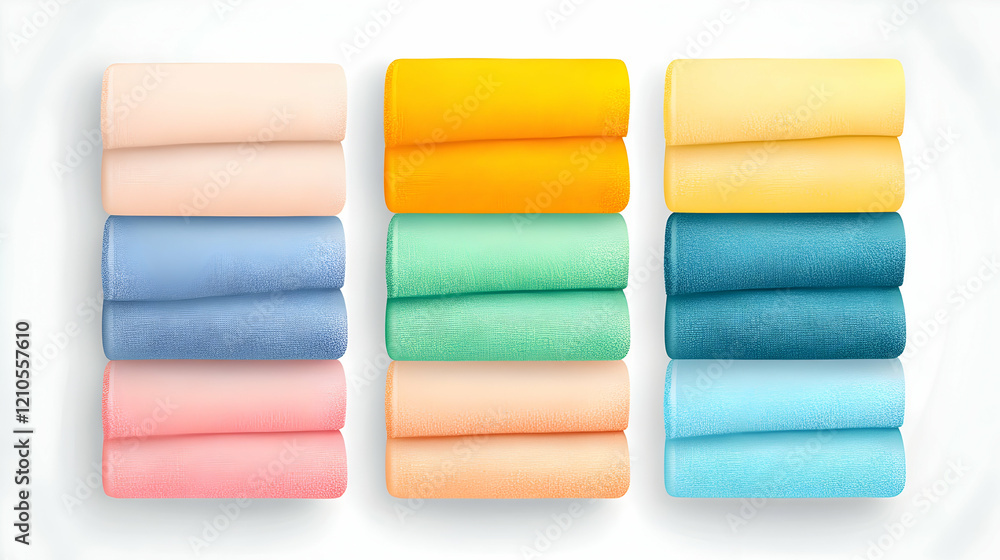 Rolled pastel towels, neatly stacked, white background, for online shop product display Rolled pastel towels, neatly stacked, white background, for online shop product display