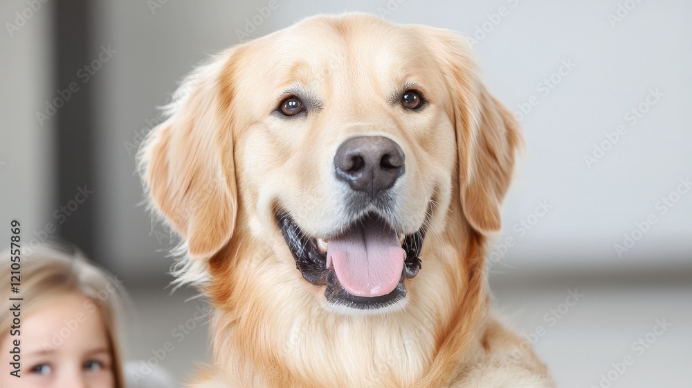 Happy golden retriever dog portrait, girl blurred background, pet love, home Happy golden retriever dog portrait, girl blurred background, pet love, home