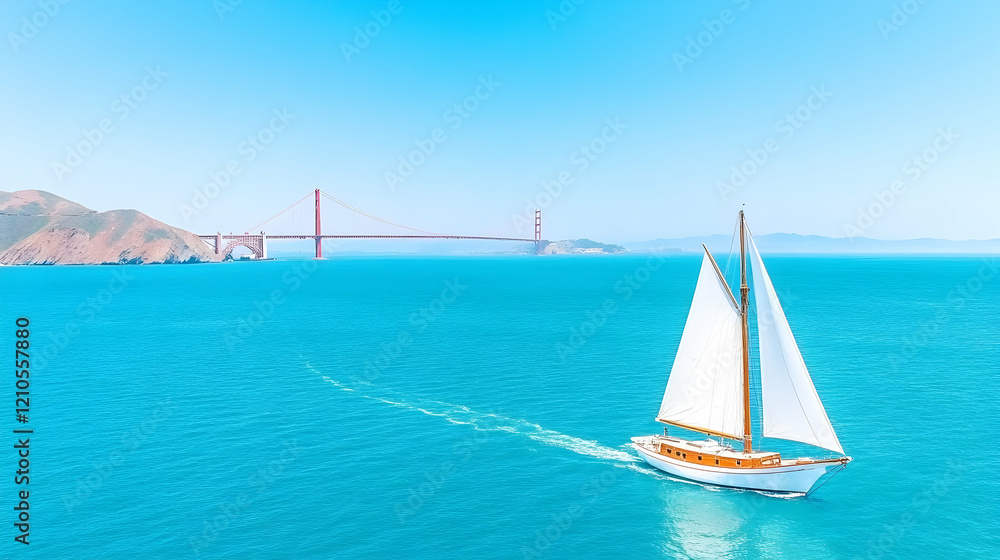 Obraz premium Sailboat cruising San Francisco Bay, Golden Gate Bridge in background, sunny day, travel postcard