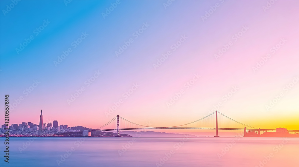 Obraz premium San Francisco skyline and bridge at sunset, pastel sky, calm water, travel and city landscape