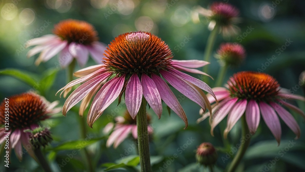 Echinacea flowers closeup with flower garden bokeh background Echinacea flowers closeup with flower garden bokeh background