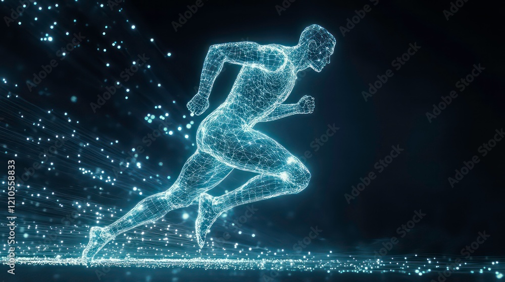 Abstract digital rendering of a runner in motion, glowing with light particles. Abstract digital rendering of a runner in motion, glowing with light particles.