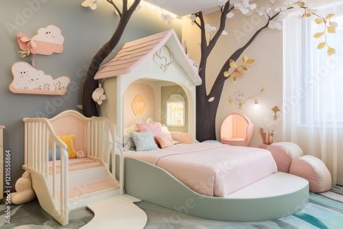 A whimsical childrena??s bedroom with a treehouse-style bed, pastel tones, and playful shapes photo