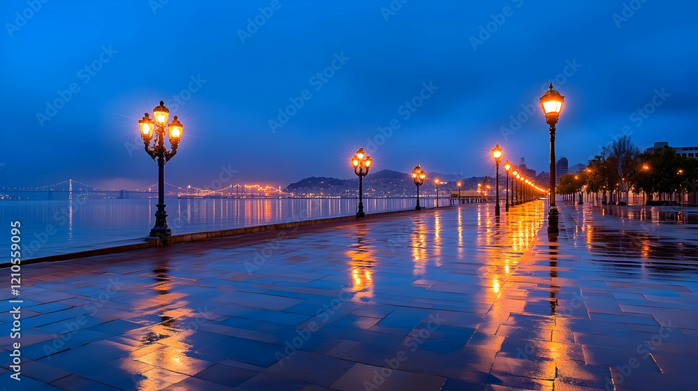 Obraz premium Serene coastal promenade at dusk, city lights reflecting on wet pavement, tranquil waters in background; ideal for travel or serenity themes