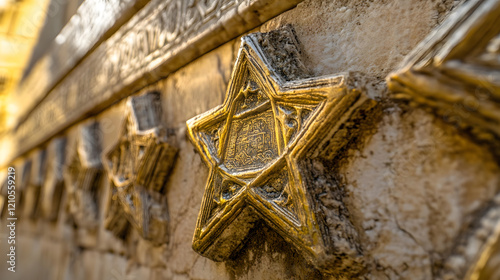 Ancient stone wall with golden Star of David in historic architectural setting : Generative AI photo