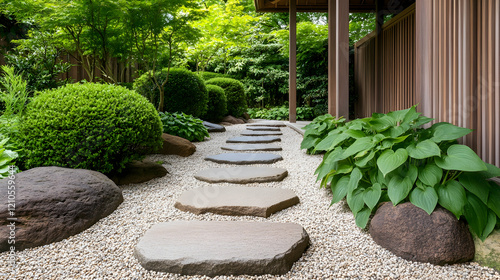 Serene Japanese garden path, stepping stones, gravel, lush greenery, tranquil background, ideal for meditation or relaxation photo