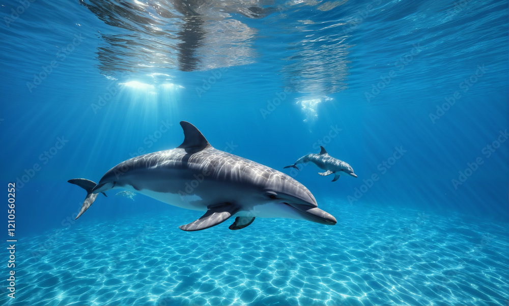 Naklejka premium A photorealistic underwater scene captures a pod of dolphins gracefully gliding through crystal clear waters with the warm glow of the sun illuminating their sleek bodies.