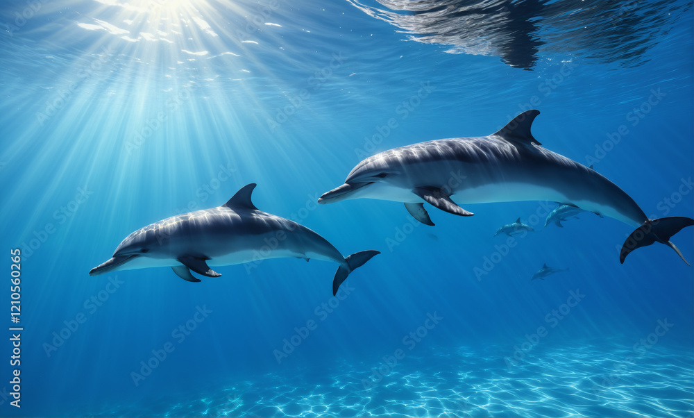 Fototapeta premium A photorealistic underwater scene captures a pod of dolphins gracefully gliding through crystal clear waters with the warm glow of the sun illuminating their sleek bodies.