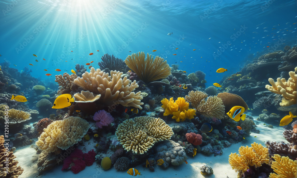 Fototapeta premium A stunning underwater photorealistic scene featuring a vibrant coral reef teeming with marine life, including diverse fish species, sponges, and sea fans. The clear water sparkles with sun