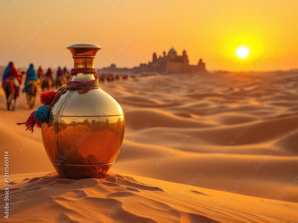 Golden sunset over desert caravan with traditional vase in foreground Golden sunset over desert caravan with traditional vase in foreground