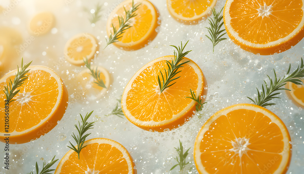 Slices of oranges and rosemary sprigs on ice.