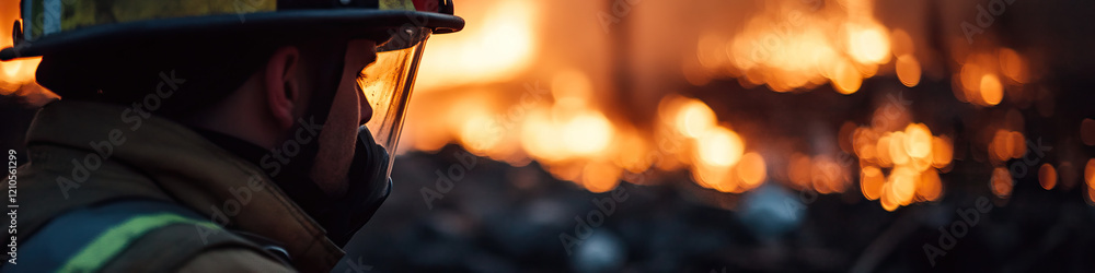 Fototapeta premium Firefighter Profile against Burning Structure