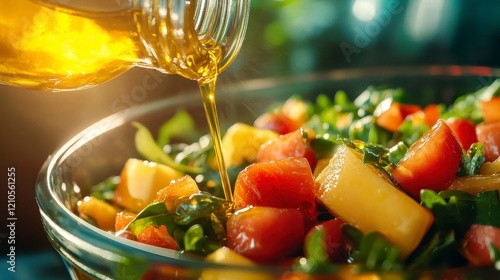 A vibrant bowl of fresh salad being drizzled with golden oil, showcasing colorful ingredients like tomatoes and greens, emphasizing healthy eating. photo