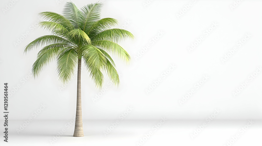 Obraz premium Single palm tree against white background, minimal tropical scene, ideal for travel or vacation brochures