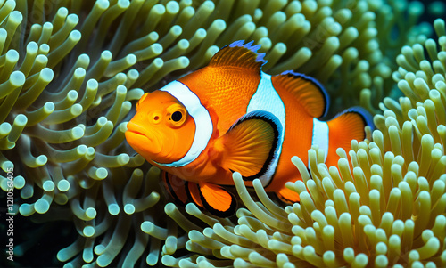   A vivid and detailed image of a clownfish elegantly maneuvering through the intricate texture of a colorful anemone. photo