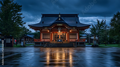 Illuminated Traditional Japanese Temple at Night Reflex Recorded on Wet Stone : Generative AI