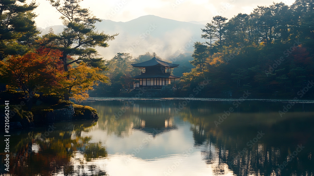 Fototapeta premium Serene Japanese Temple by a Lake with Misty Mountain Backdrop in Autumn : Generative AI