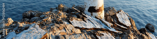 Coastal Lighthouse Base and Eroded Rocks