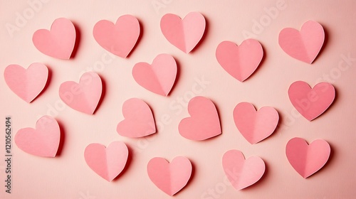 Numerous pink paper hearts are artfully arranged on a light pink textured background creating a romantic and aesthetically pleasing image.