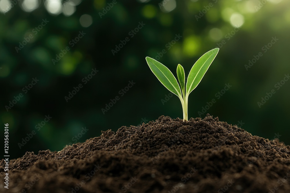 Fototapeta premium close-up of young plant sprouting from rich soil under soft natural light with blurred greenery in background