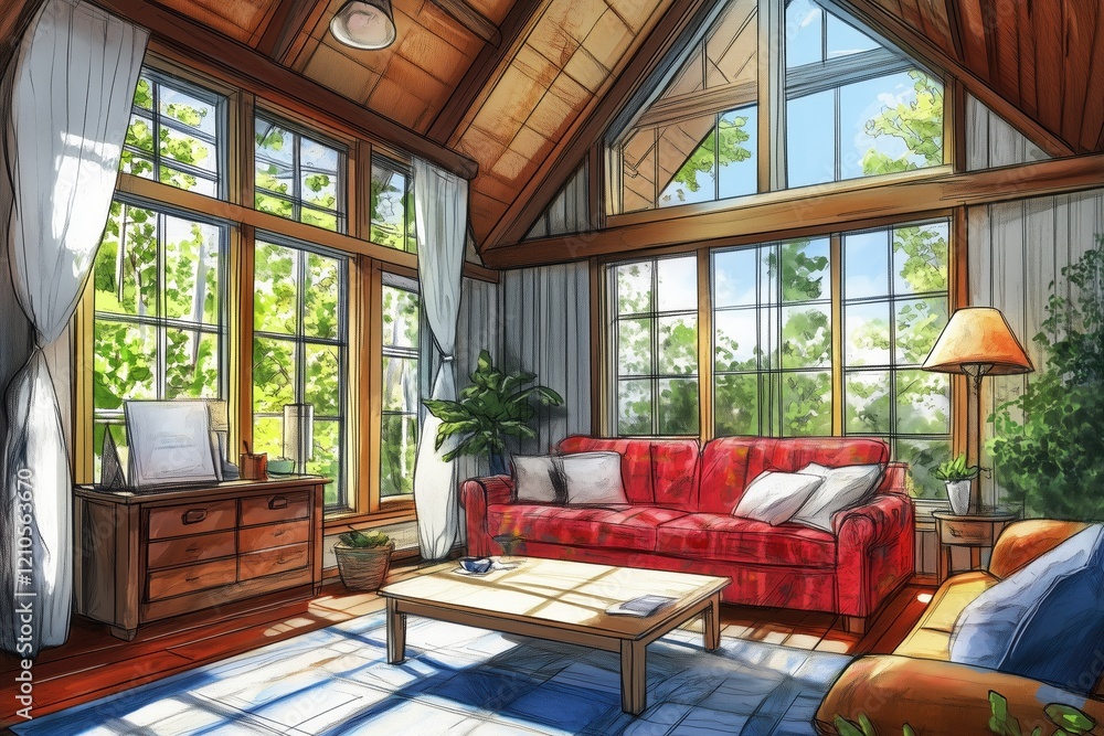 A cozy Cabin house style living room with large windows allowing natural light, featuring a red sofa, wooden furniture, and plants. The room has a warm, inviting atmosphere with a rustic design. A cozy Cabin house style living room with large windows allowing natural light, featuring a red sofa, wooden furniture, and plants. The room has a warm, inviting atmosphere with a rustic design.